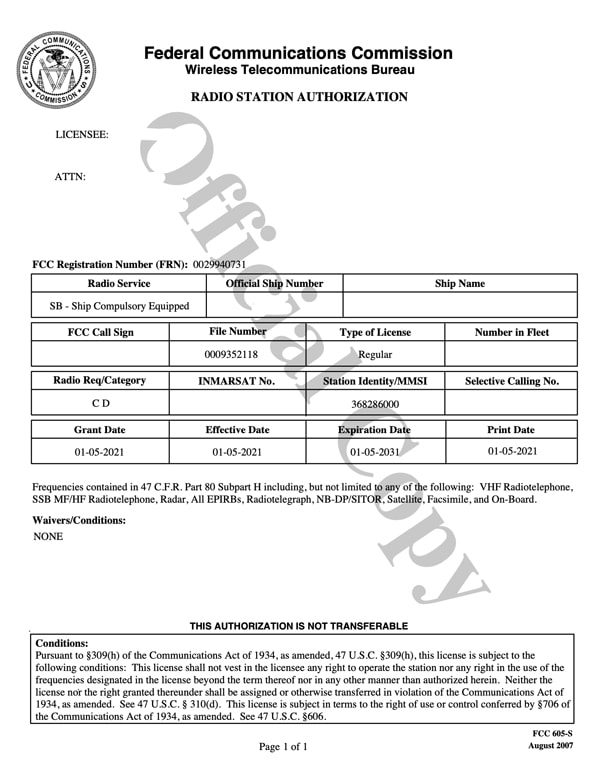 FCC Sample Radio License
